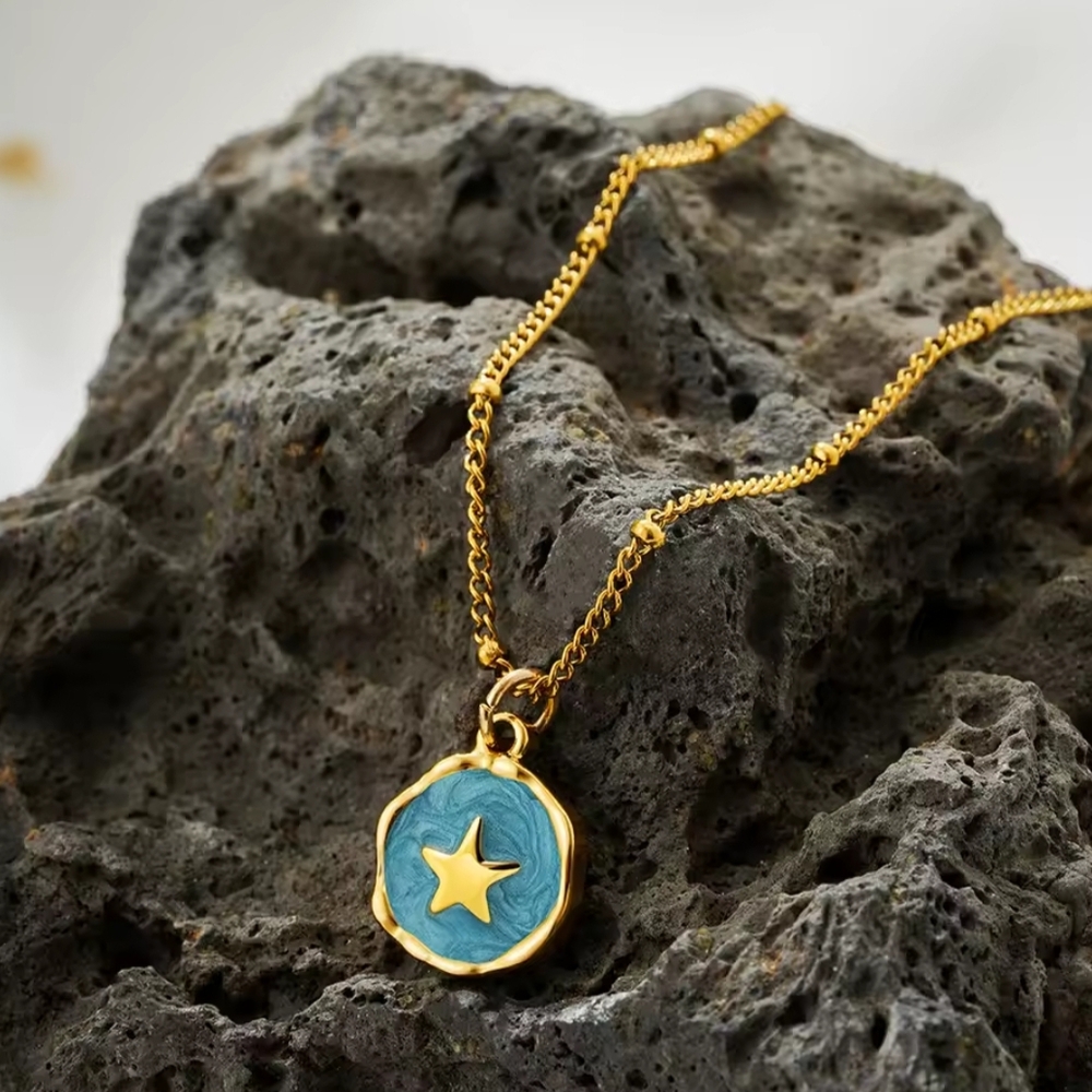 18 KT Gold Over Titanium Blue Star Necklace